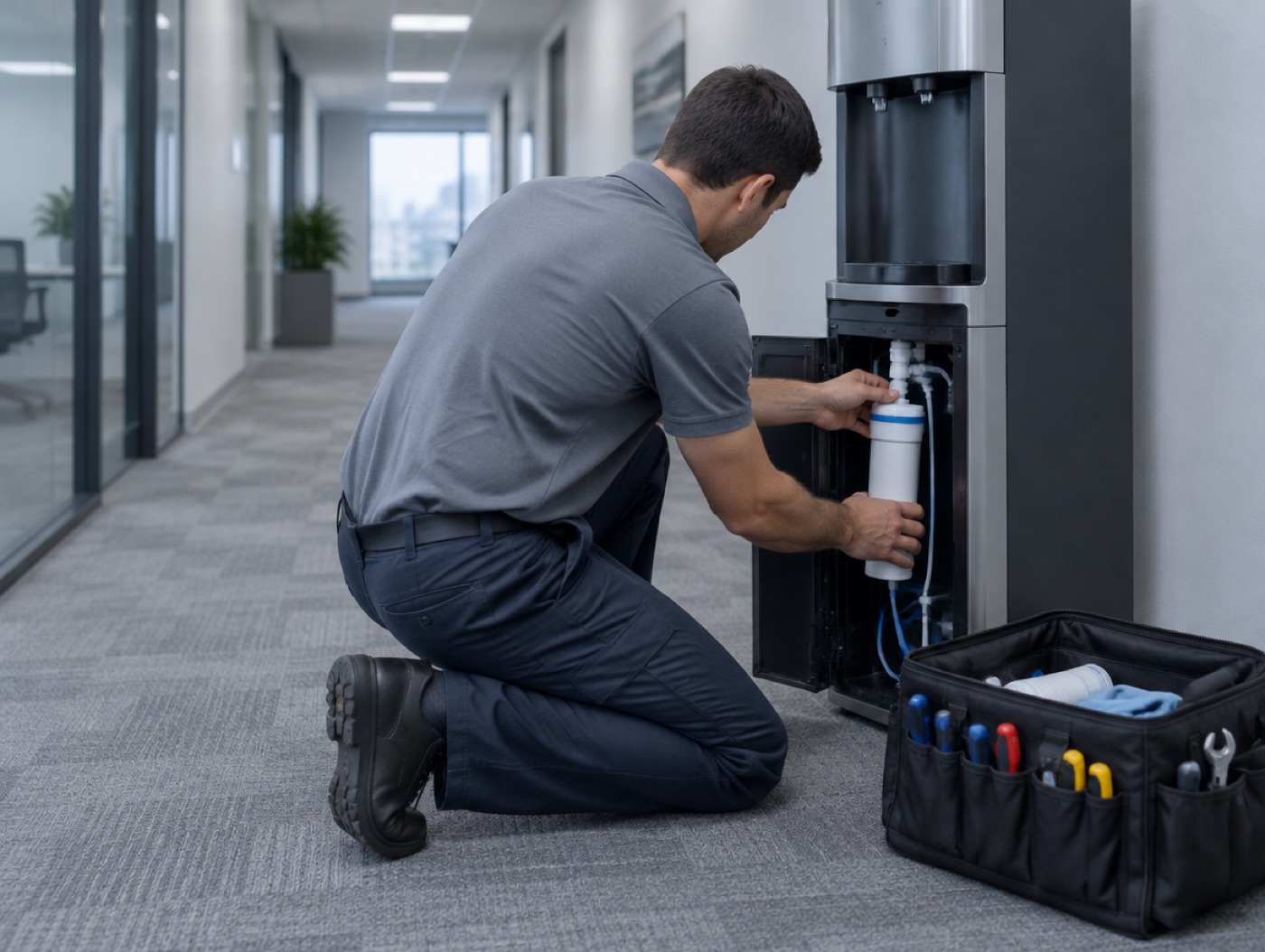 A technician servicing a cooler